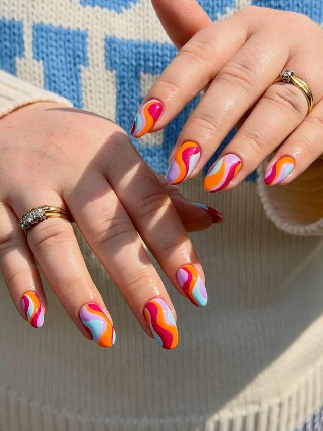 17. Bold Sunset Swirl Oval Nails - swirl nail ideas