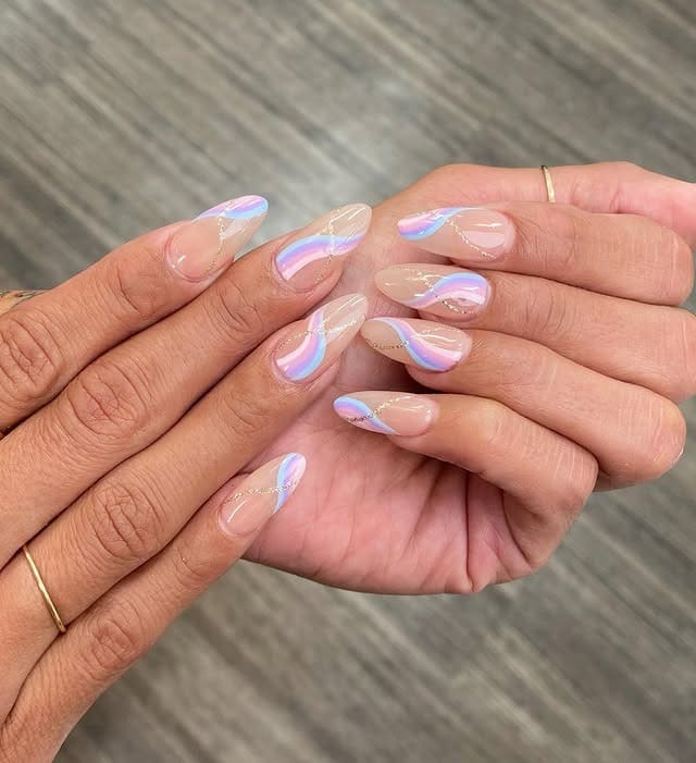 18. Iridescent Pastel Swirl Almond Nails with Gold Lines - swirl nail ideas