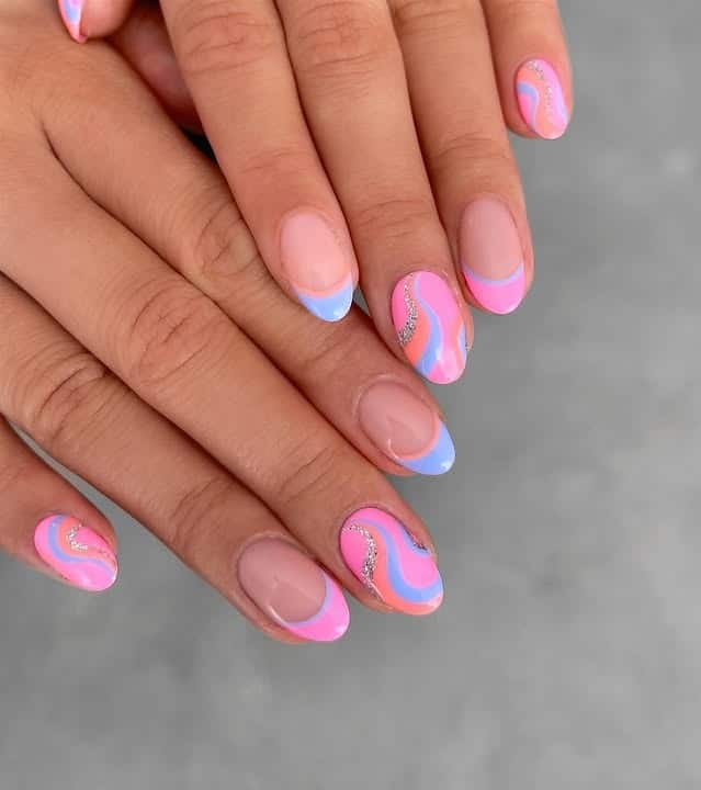 20. Pink and Blue Swirl French Almond Nails with Glitter - swirl nail ideas