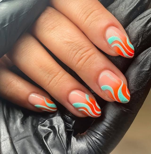 21. Coral and Aqua Swirl French Short Nails - swirl nail ideas