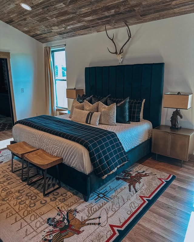 1. Western Bedroom Ideas with Navy and Rustic Wood Accents - western bedroom ideas