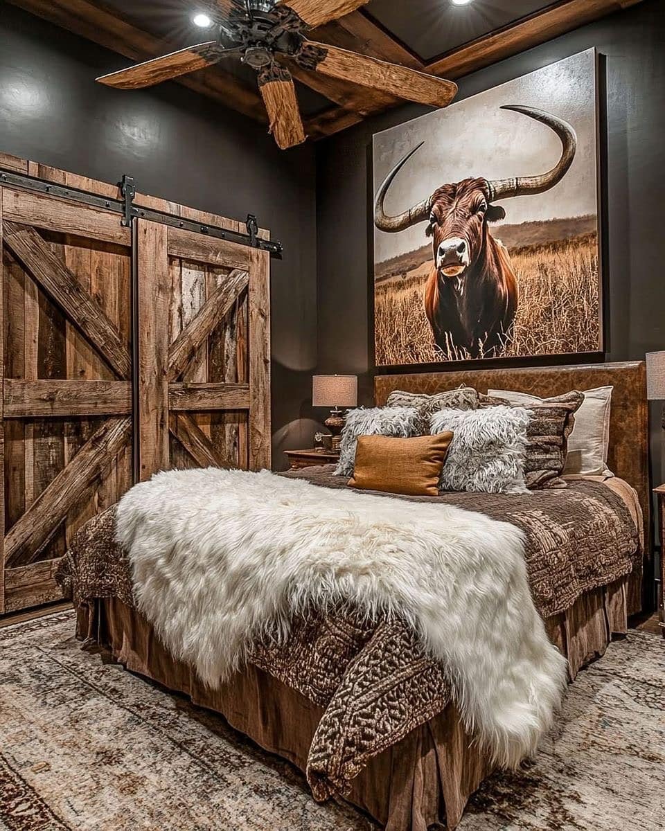 10. Dark Western Bedroom Ideas with Barn Door Charm - western bedroom ideas
