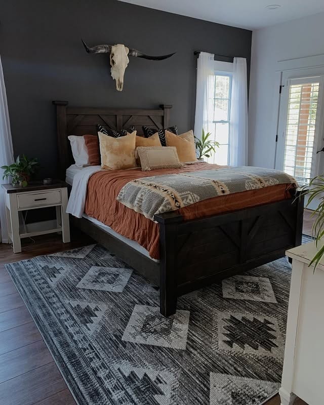 20. Farmhouse Western Bedroom Ideas with Charcoal and Rust - western bedroom ideas