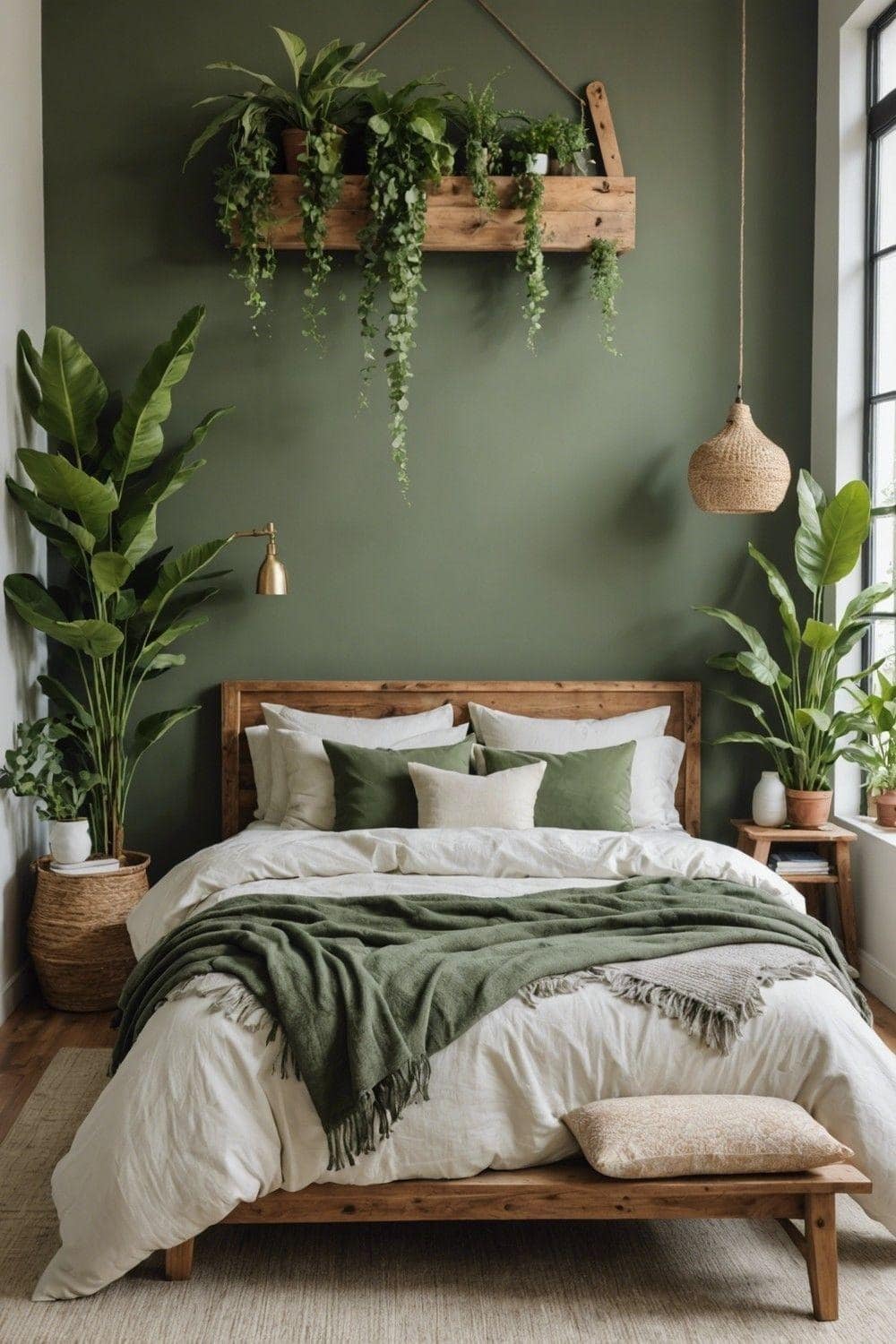 2. Botanical Green Bedroom With Natural Wood Decor - green bedroom ideas
