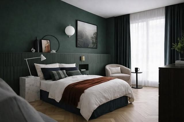 4. Modern Green Bedroom With Half Wall Paneling - green bedroom ideas