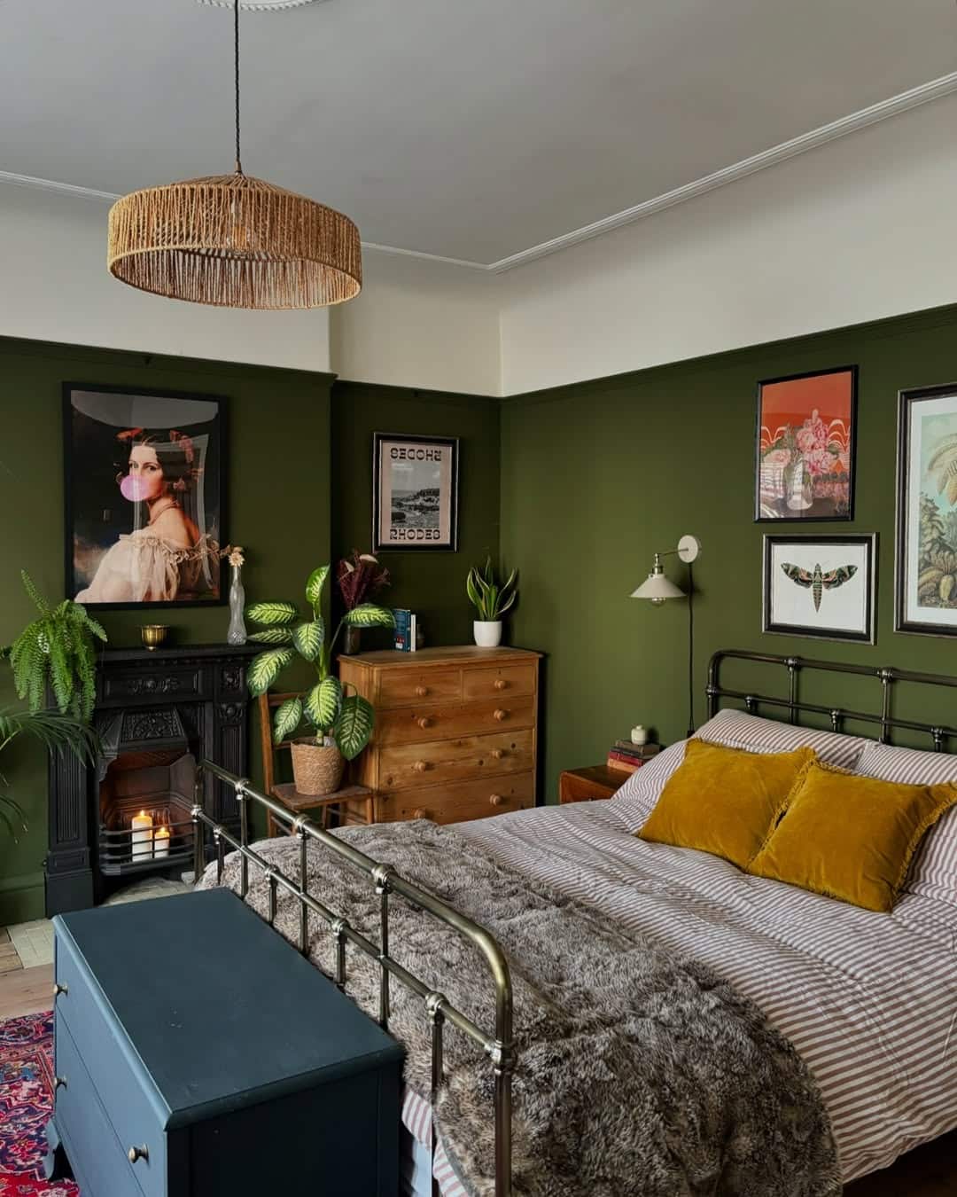 8. Vintage Olive Green Bedroom With Gallery Wall - green bedroom ideas