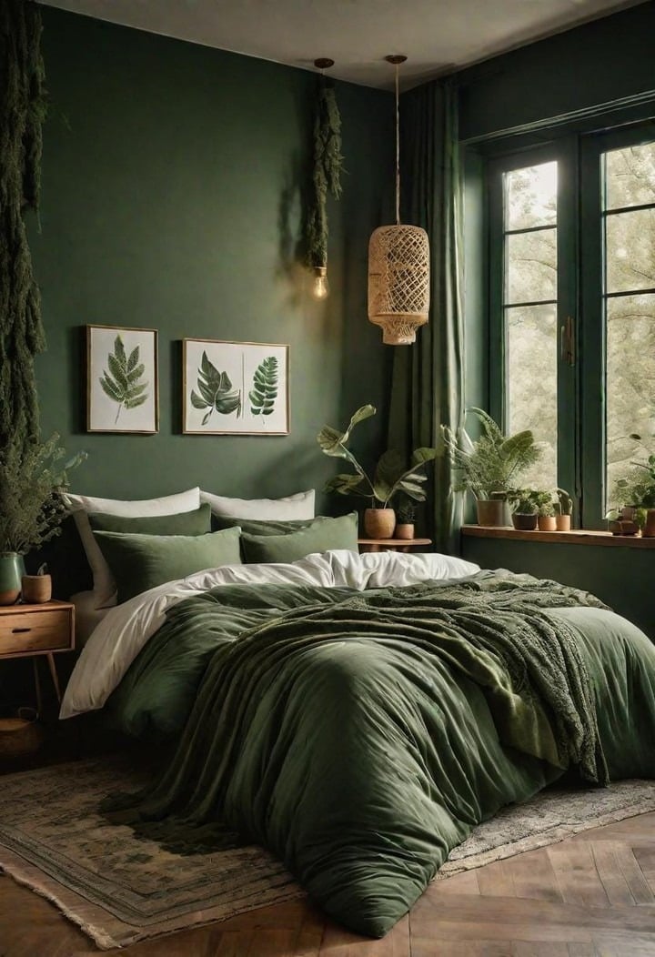 9. Nature Inspired Green Bedroom With Leaf Decor - green bedroom ideas
