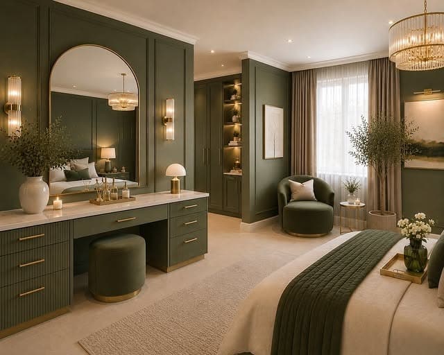 15. Luxury Olive Green Bedroom With Built In Vanity - green bedroom ideas