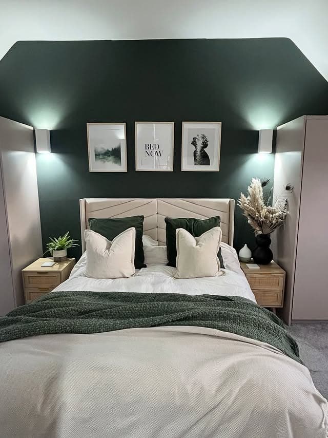 22. Dark Green Accent Wall Bedroom With Modern Symmetry - green bedroom ideas