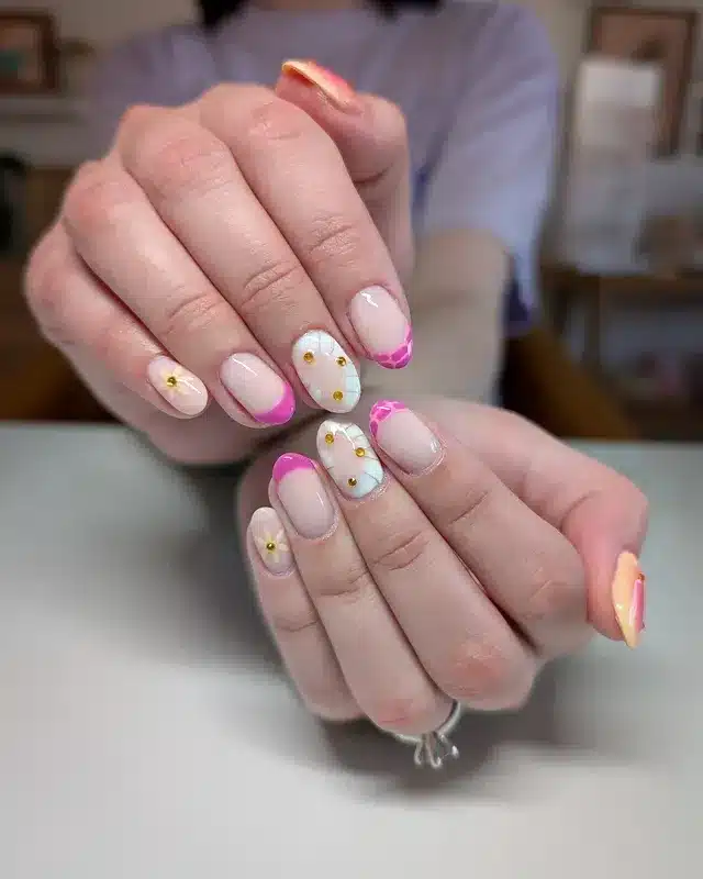 2. Pink French Floral Almond Nails - april nail ideas