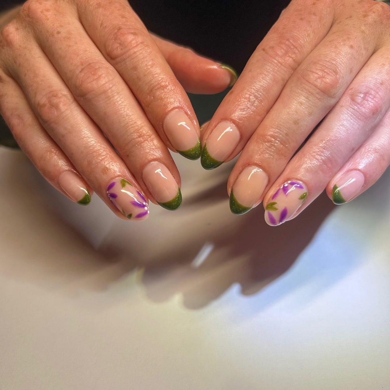 3. Olive Green French Floral Nails - april nail ideas