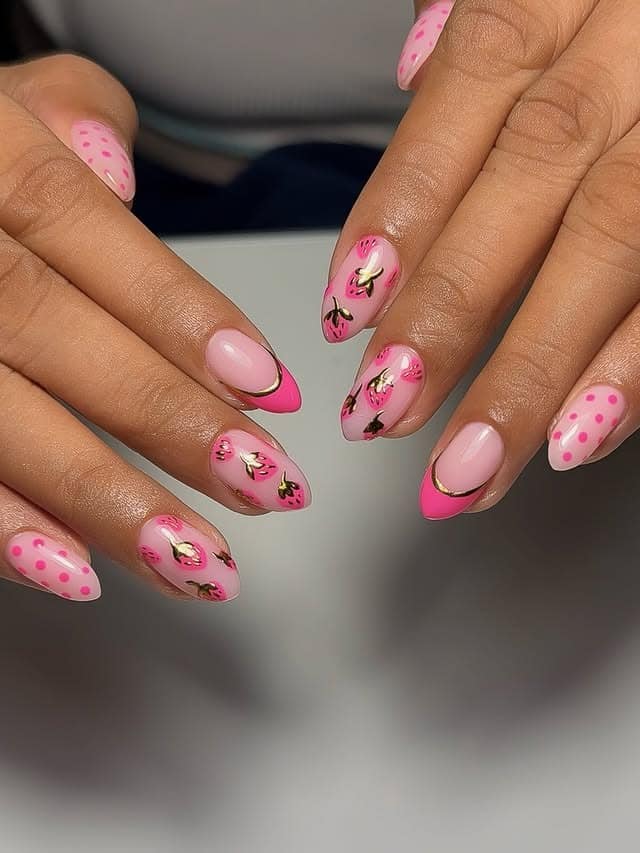 4. Pink Strawberry Almond Nails - april nail ideas