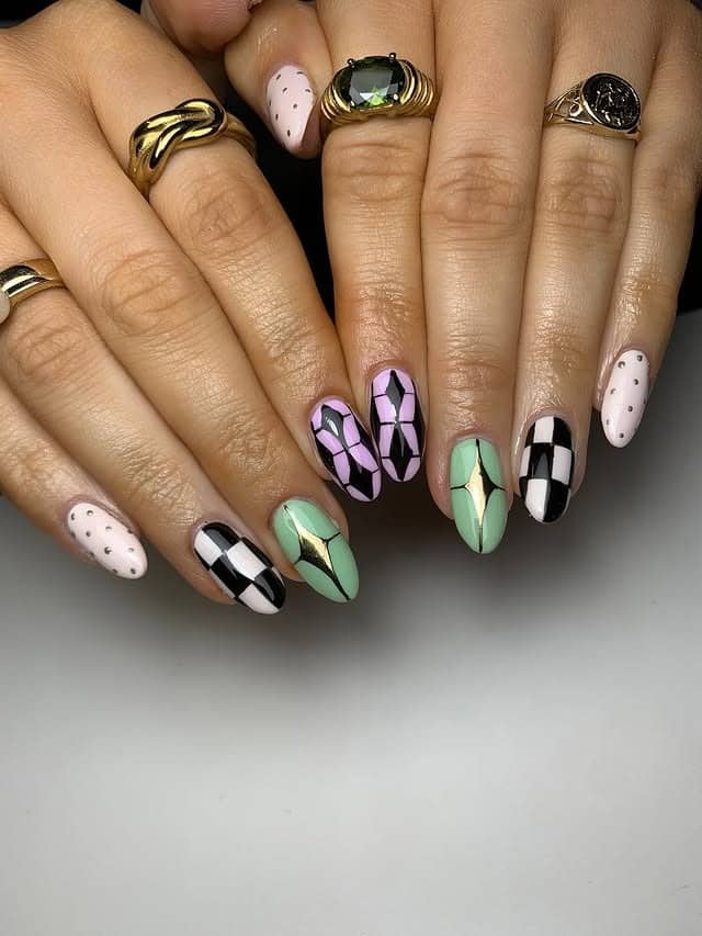 11. Retro Pastel Checkerboard Almond Nails - april nail ideas