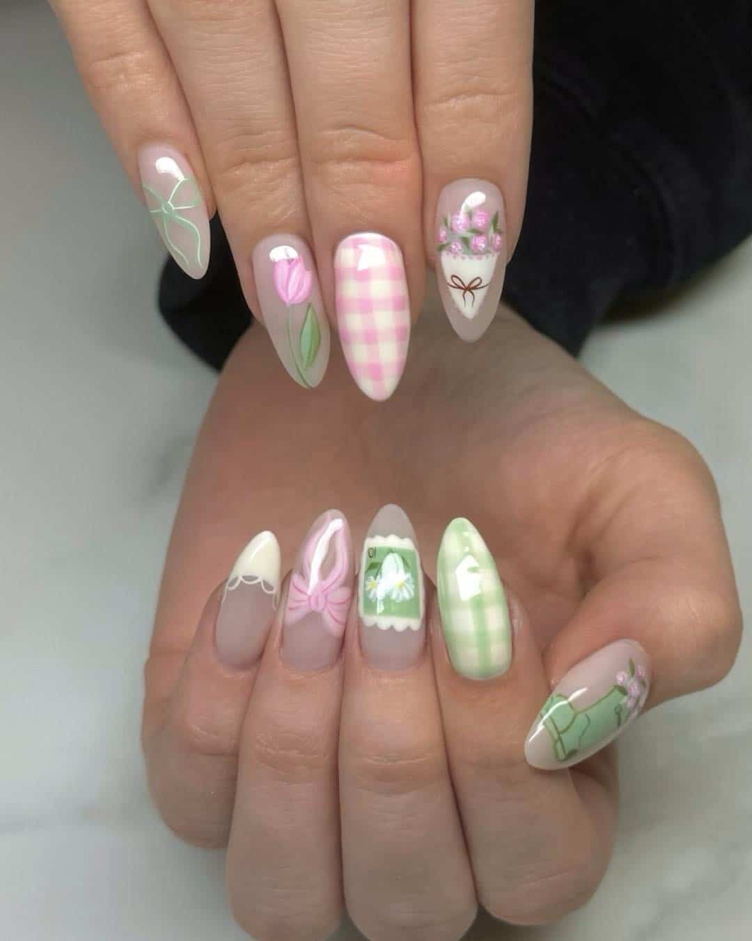 14. Pink and Green Cottagecore Almond Nails - april nail ideas
