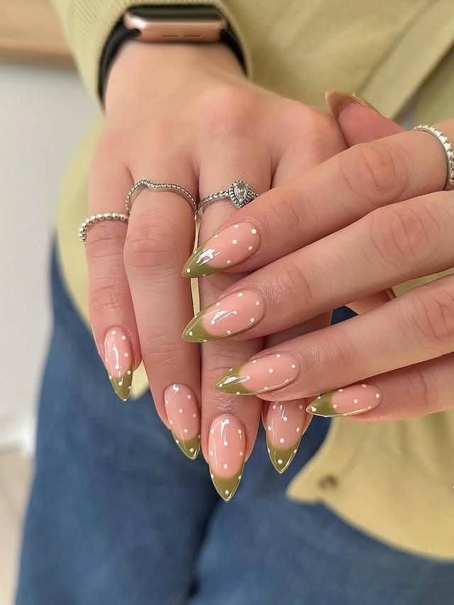 15. Olive Green Polka Dot French Nails - april nail ideas