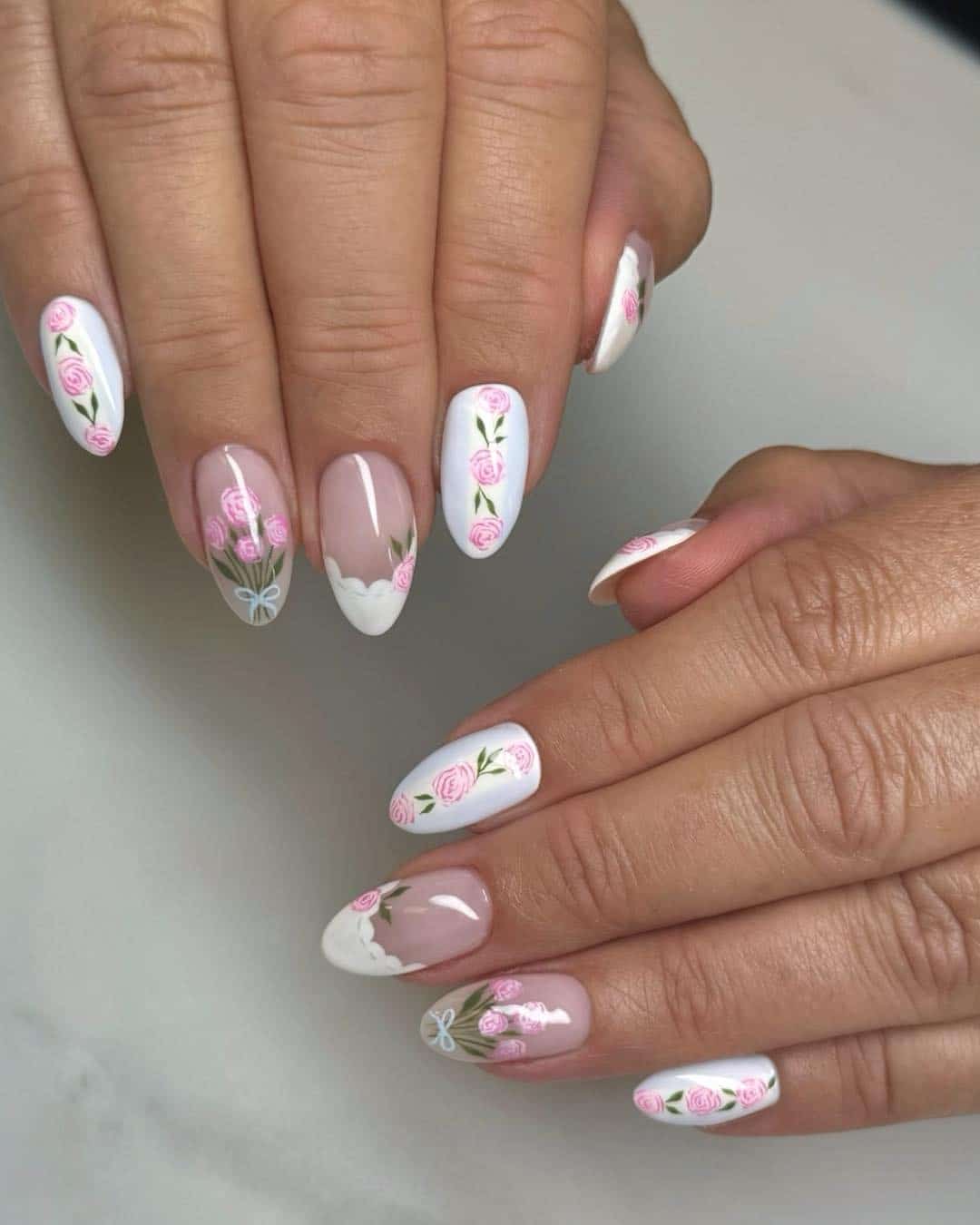 16. White Rose Floral Almond Nails - april nail ideas