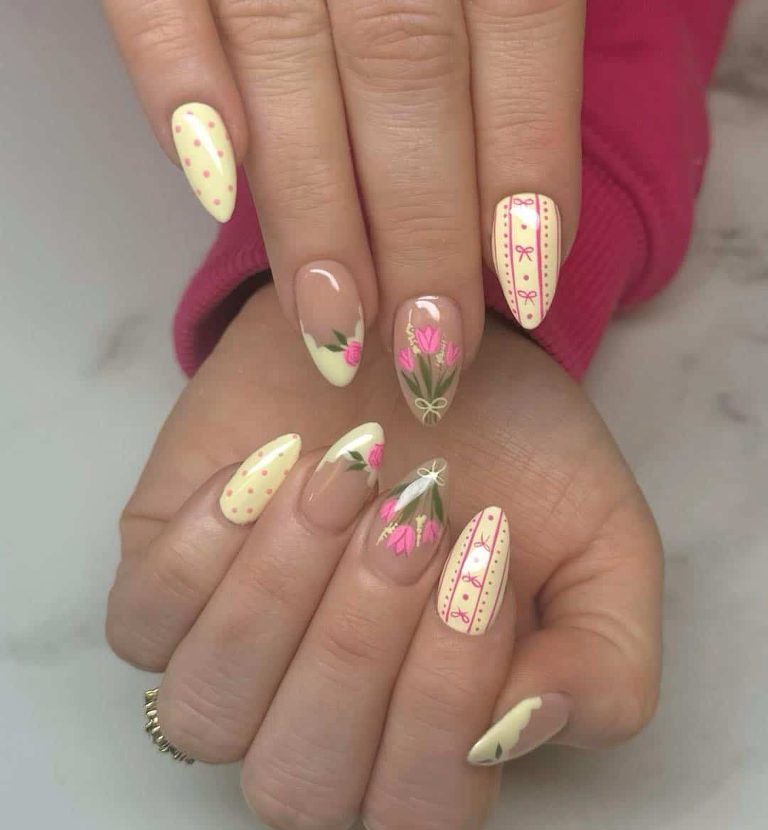 17. Pastel Yellow Tulip Almond Nails - april nail ideas
