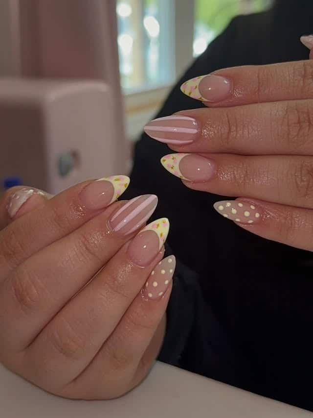 18. Pastel Daisy French Coffin Nails - april nail ideas