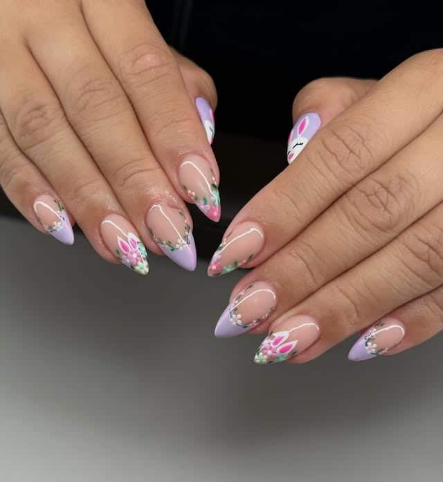 21. Lavender Floral French Almond Nails - april nail ideas