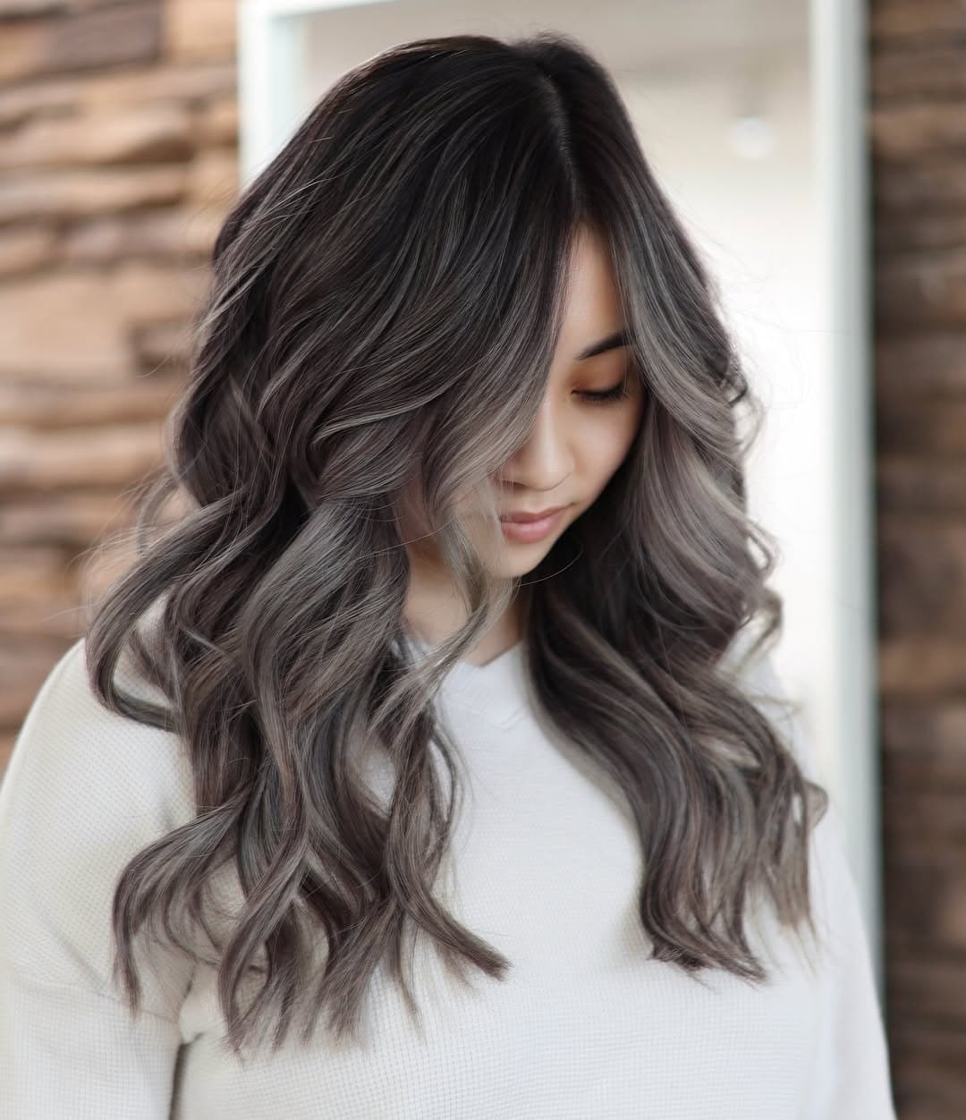 1. Long Layered Waves with Smoky Ash Brown Balayage - Ash Hair Color