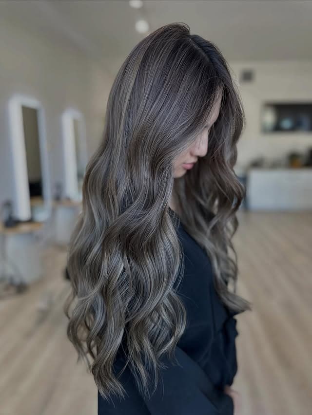 3. Extra Long Glam Waves with Silver Ash Brown Balayage - Ash Hair Color