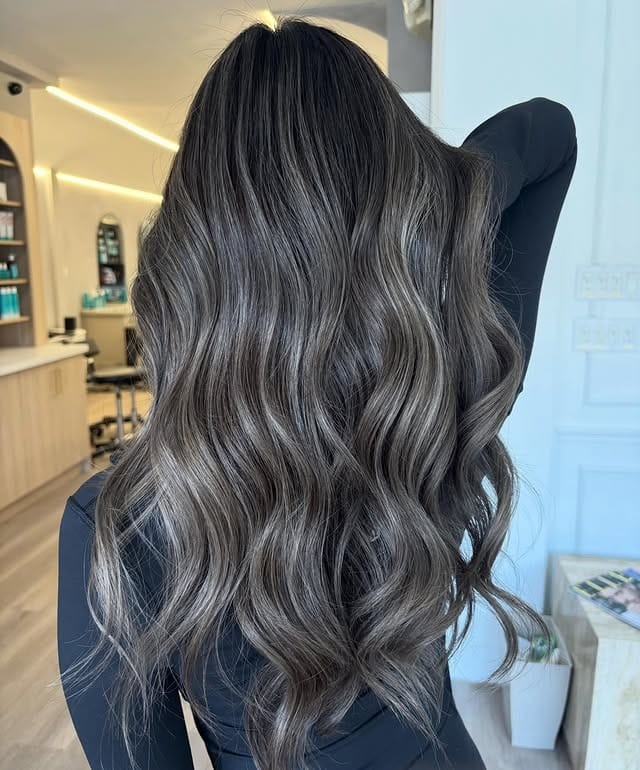 7. Long Loose Waves with Ash Mushroom Balayage - Ash Hair Color