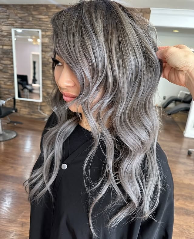 9. Medium Wavy Hair with Silver Ash Blonde Balayage - Ash Hair Color