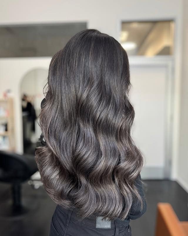 14. Glossy Hollywood Waves with Mushroom Ash Brown Color - Ash Hair Color