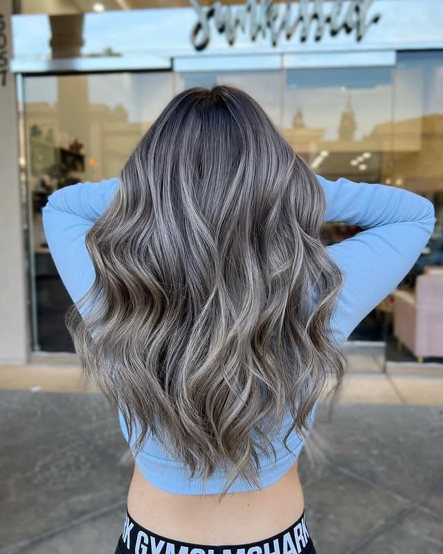 15. Long Layered Waves with Ash Beige Balayage - Ash Hair Color