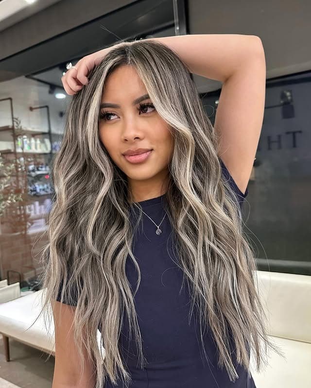 16. Long Layered Waves with Platinum Ash Money Piece - Ash Hair Color