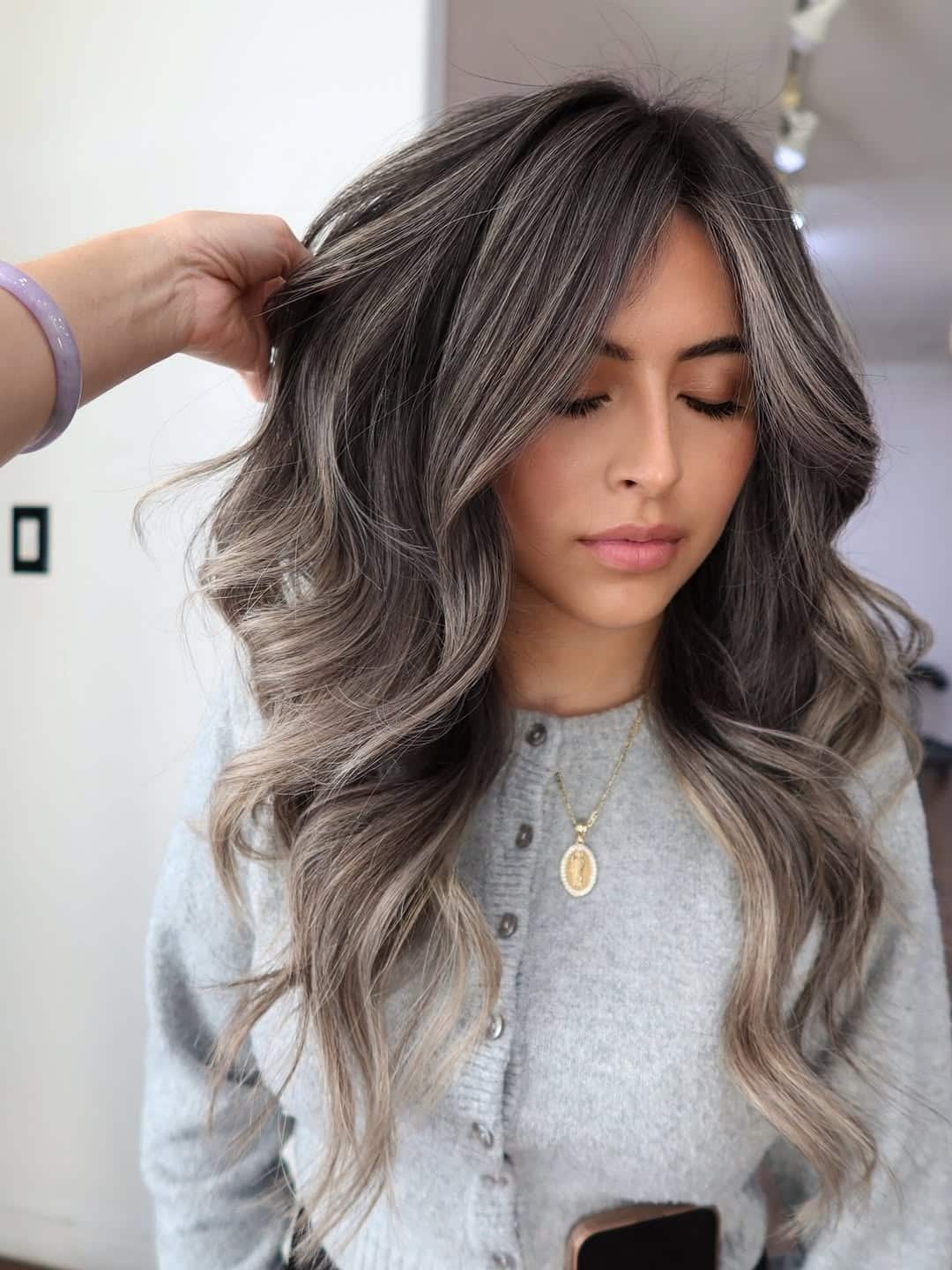 18. Curtain Layers with Smoky Ash Blonde Balayage - Ash Hair Color