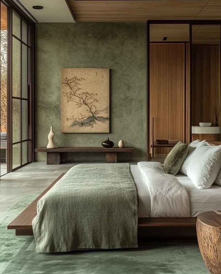 1. Japanese-Inspired Sage Green Bedroom with Dark Wood Accents - sage green bedroom ideas