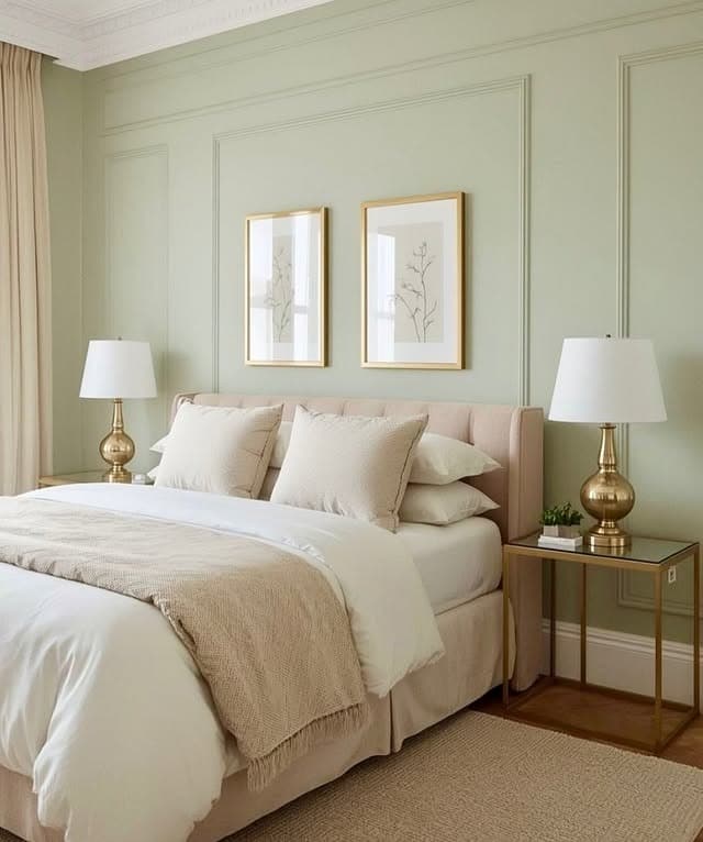 4. Light Sage Green Bedroom with Classic Wall Molding - sage green bedroom ideas