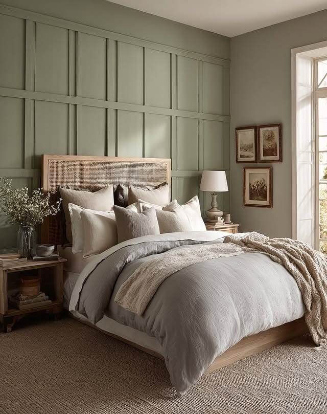 5. Muted Sage Green Board and Batten Bedroom - sage green bedroom ideas