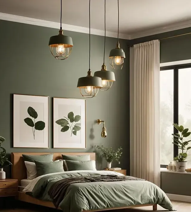 6. Deep Sage Green Bedroom with Modern Brass Lighting - sage green bedroom ideas