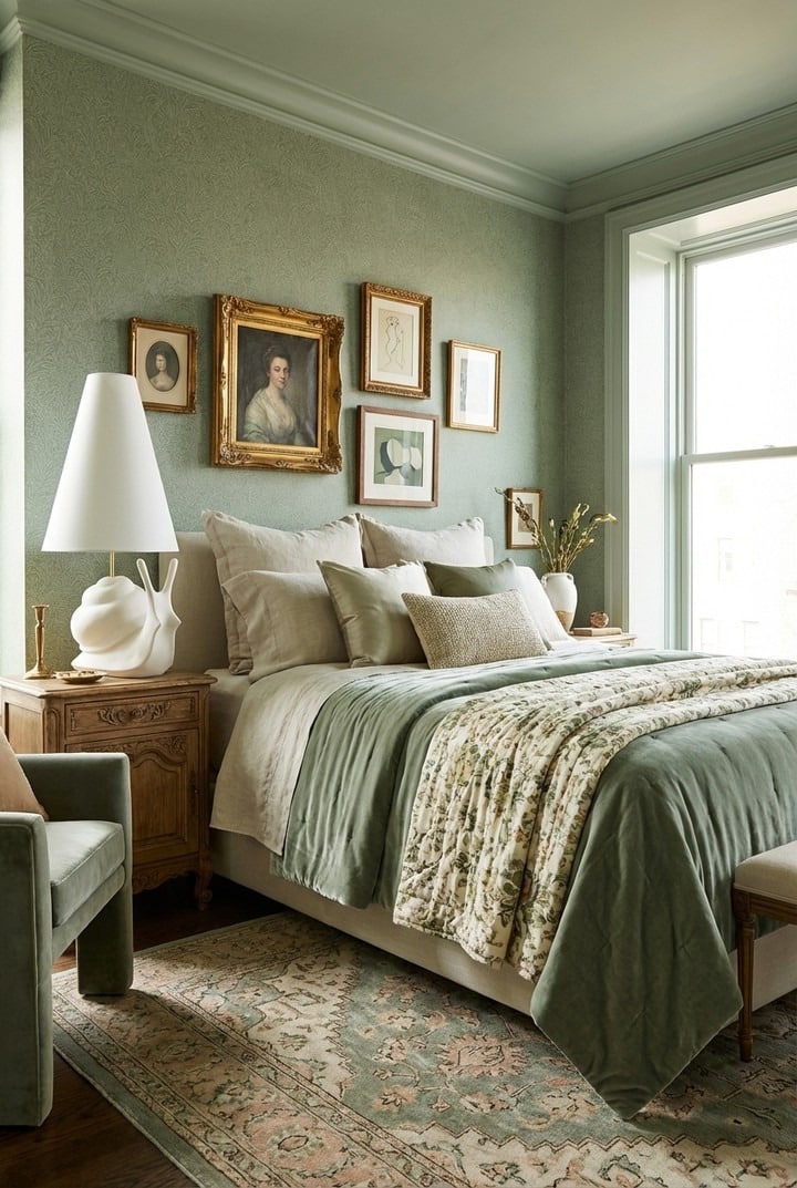 7. Vintage Sage Green Bedroom with Gallery Wall - sage green bedroom ideas