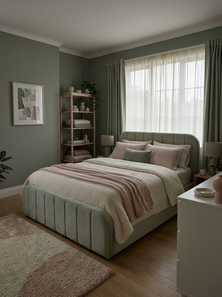 8. Dusty Sage Green Bedroom with Blush Accents - sage green bedroom ideas