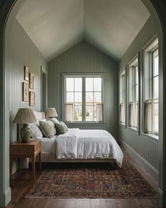 10. Sage Green Attic Bedroom with Vertical Paneling - sage green bedroom ideas