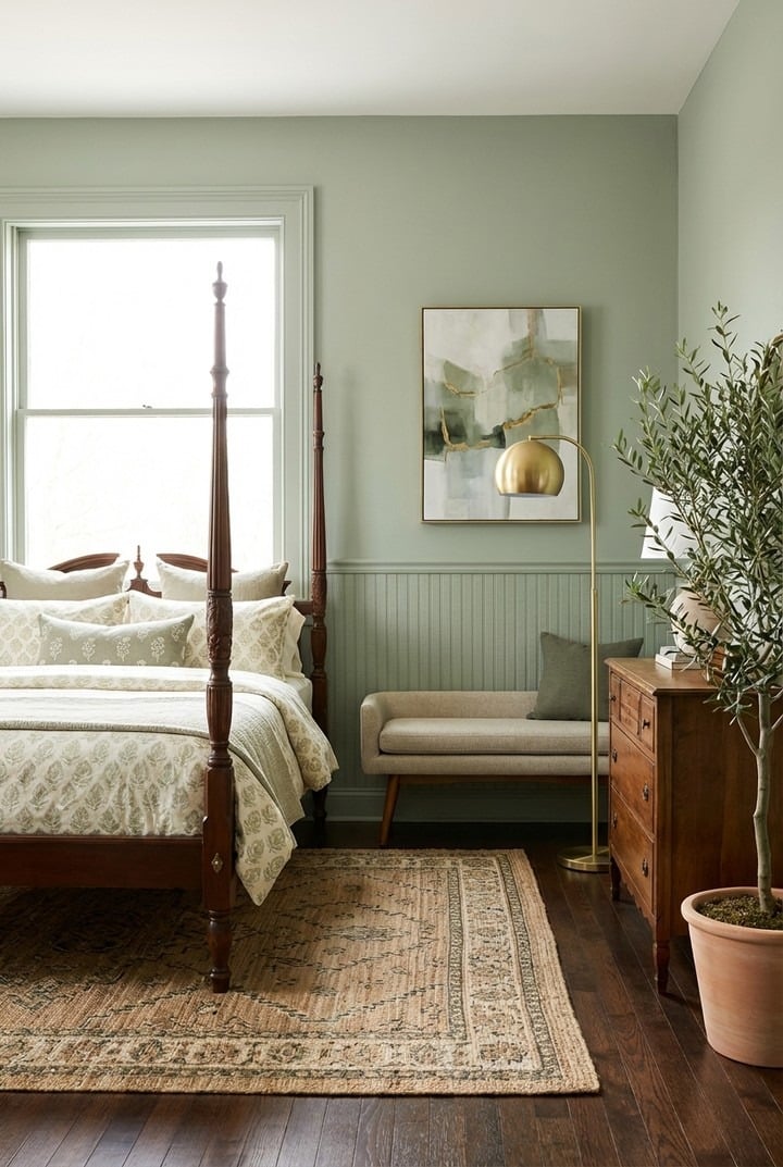 11. Traditional Sage Green Bedroom with Vintage Wood Furniture - sage green bedroom ideas