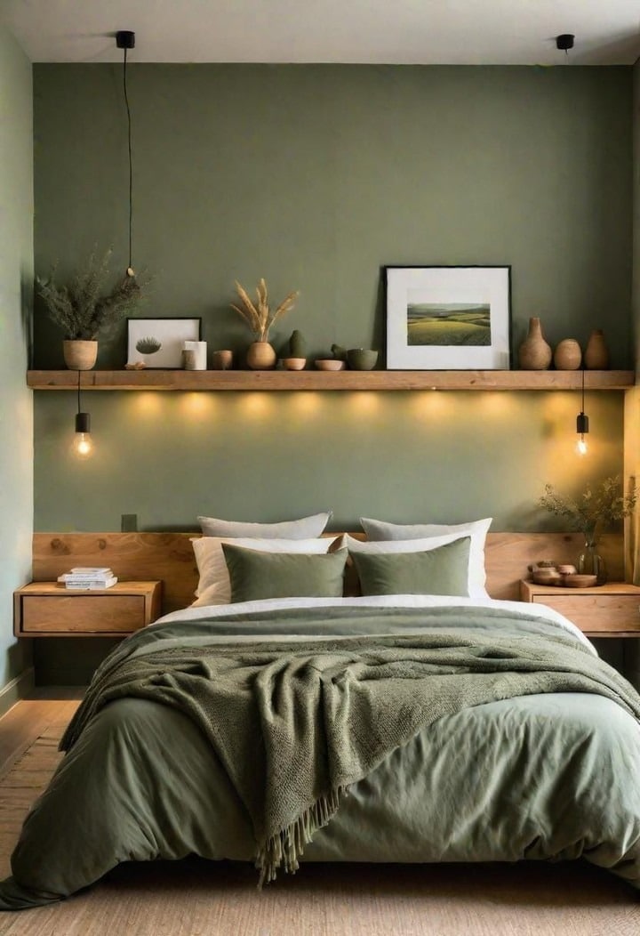 12. Dark Sage Green Bedroom with Floating Wood Shelf - sage green bedroom ideas