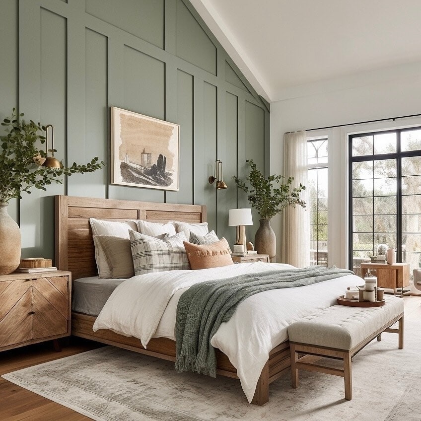 14. Sage Green Board and Batten Bedroom with Vaulted Accent Wall - sage green bedroom ideas