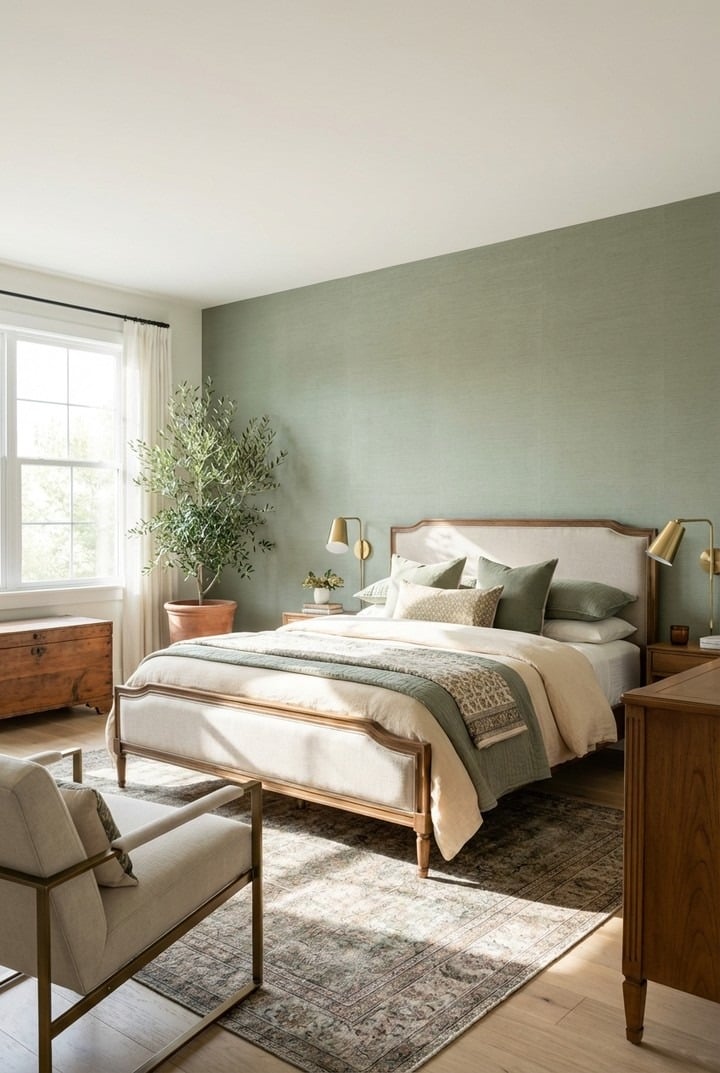 15. Textured Sage Green Accent Wall with Classic Bedroom Design - sage green bedroom ideas