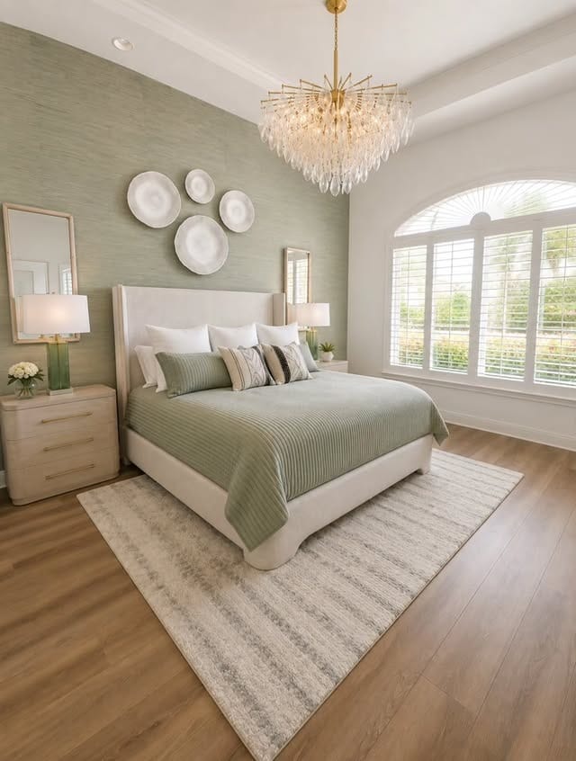 16. Luxury Sage Green Bedroom with Statement Chandelier - sage green bedroom ideas