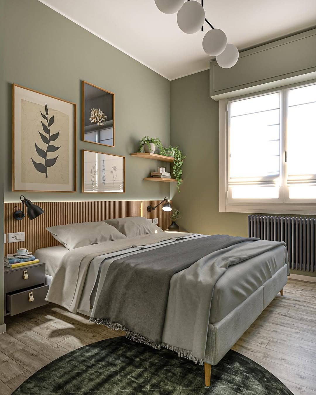 17. Modern Sage Green Bedroom with Slatted Wood Headboard - sage green bedroom ideas