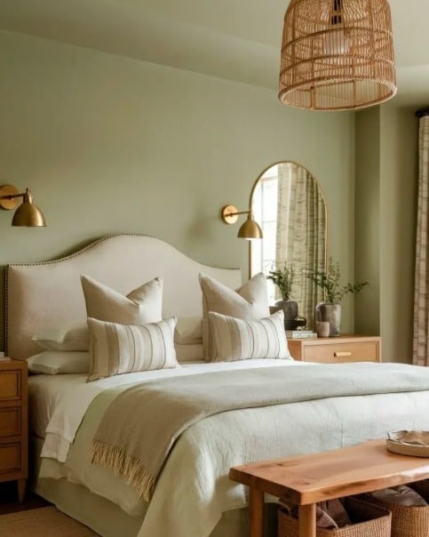 18. Soft Sage Green Bedroom with Natural Wood Details - sage green bedroom ideas