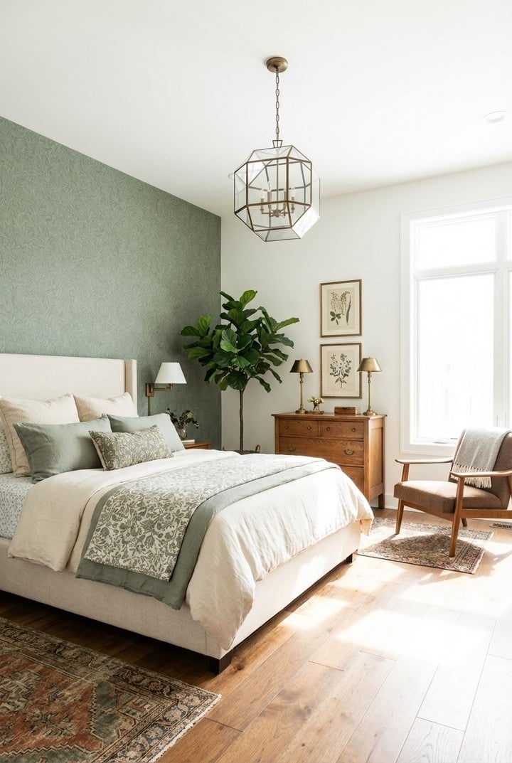 19. Sage Green Botanical Accent Wall Bedroom - sage green bedroom ideas
