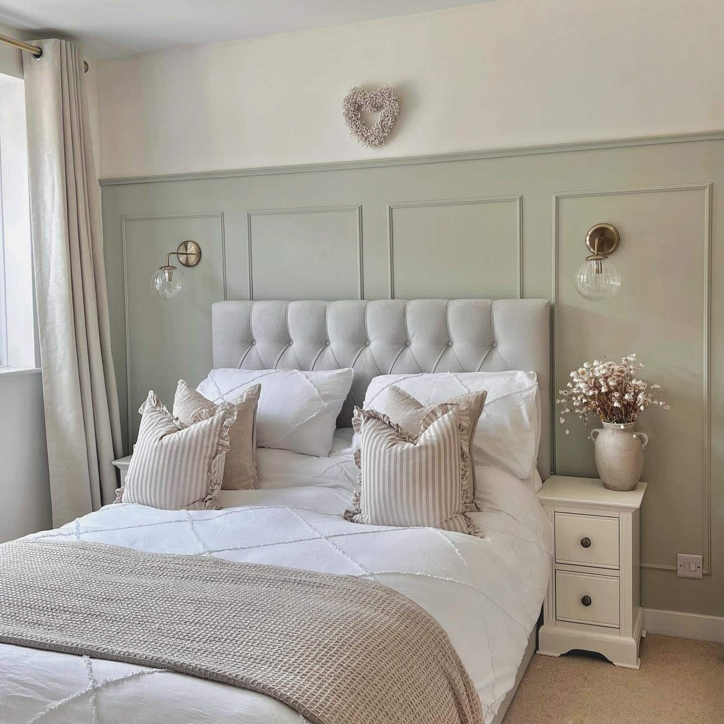 20. Half Wall Sage Green Paneling Bedroom with Classic Trim - sage green bedroom ideas