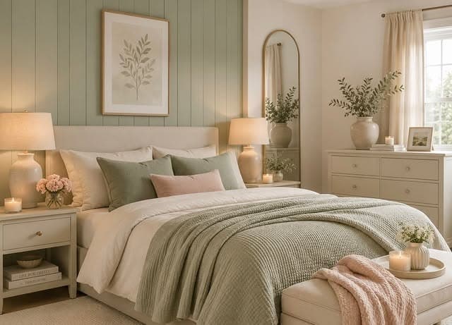 22. Soft Sage Green Paneled Bedroom with Blush Accents - sage green bedroom ideas