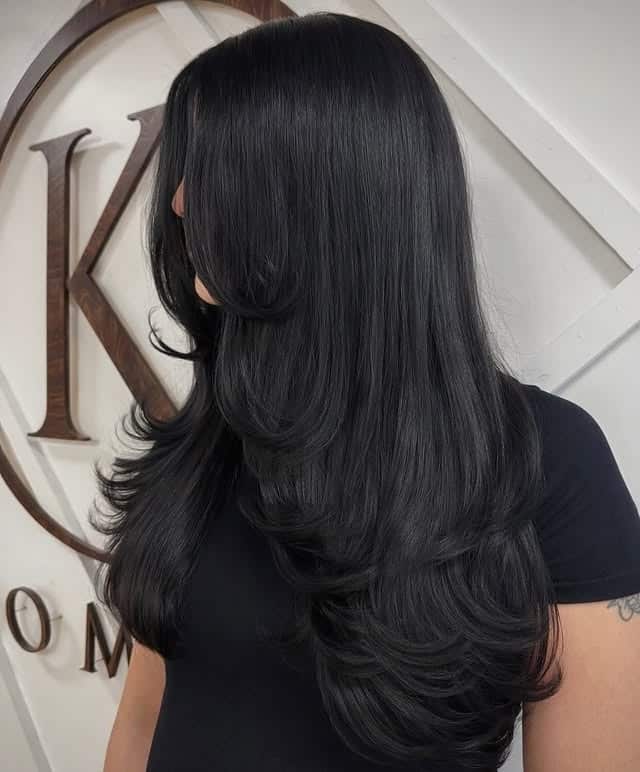 13. Soft Black Butterfly Layers Blowout - Soft Black Hair Color