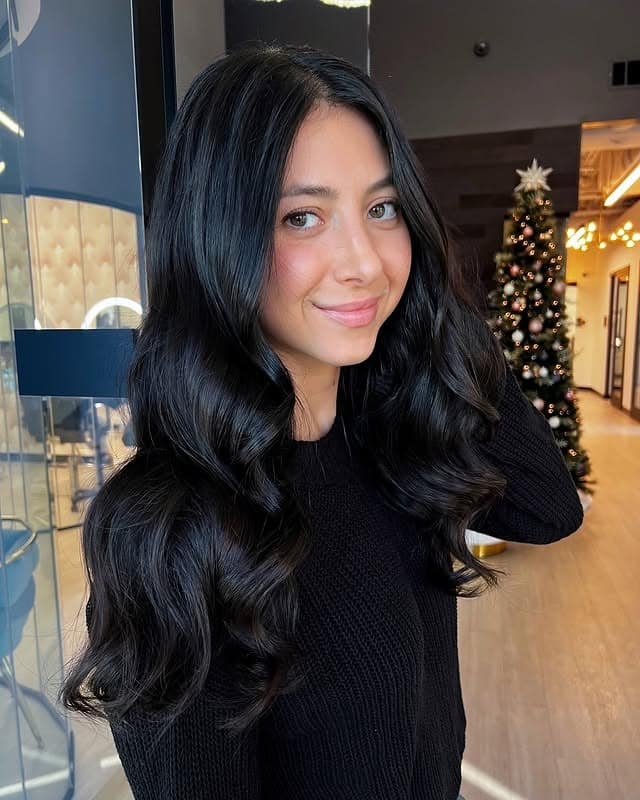 22. Soft Black Long Glam Waves - Soft Black Hair Color